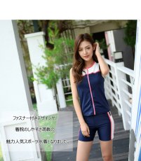 画像10: フィットネス水着  タンクトップセット　袖なしフィットネス　上下セット水着　めぐれ防止付き　レディース フィットネス水着 セパレート ノースリ スイム (10)