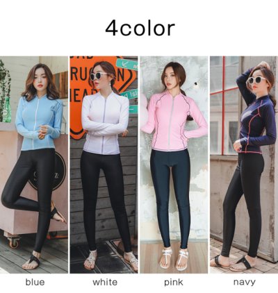 画像1: ロングファスナーフィットナス水着 フィットネス 水着 レディース セパレート 長袖 上下セット めくれ防止 スクール UVカット ファスナー 袖付 体型カバー カップ付
