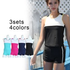 画像2: スポーツフィットネス3点セット水着　水着 レディース  体型カバー 女性 高校生水着　ショットスイム　付き 3点セット ノースリーブ めくれ防止パンツセット　大学生水着　 (2)