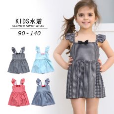 画像2: 水着　キッズ　KIDS　ワンピース水着　女の子 ハイネック ジュニア子供用　 小学生用 90CM〜140CM　ギンガム肩　フリル水着 ガールズ 女児 子供用 UVカット かわいい 海 温泉 夏 旅行 (2)