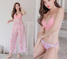 画像13: 長ズボン付き クロシェ ビキニセット スイムウェア ビキニ  ニット水着 レディース 3点セット クロスビキニ水着 ワイドロングパンツ付き (13)