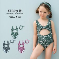 画像1: カチューシャ付き 子供（小）水着 女の子 ワンピース キッズ リボン 子ども用水着 ワンピース 水泳 スイムウェア ウェアキッズ スイムウェア 旅行温泉 紫外線対策 5サイズ (1)