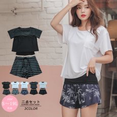 画像4: インナーブラつきTシャツとインナショーツつきショットパンと二点セット体型カバー水着セット 体型カバー水着セット レディース 2点セット UVカットレイヤード風 タンキニ セパレート 半袖ラッシュガード トップス ショートパンツ かわいい ノンワイヤー パッド付き (4)