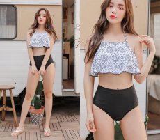 画像3: フリルブラー　ハイウェイストショーツ　水着2点セット　ビキニ2点セット　フリルブラー　ハイウェイストショーツ　水着2点セット　水着 レディース パッド入り フリル ビキニ 2点セット 細見え 大人 韓国風 コリアスタイル　KOREAデザイン (3)