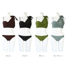 画像2: ワンショルダー 水着 2点セット セパレート 水着 レディース 体型カバー バンドゥ ビキニ ハイウエスト 盛れる リゾート リボン セクシー オトナ ワンショルダービキニセット水着 (2)