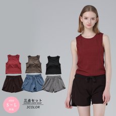 画像1: インナーカップつきタンキニとショーツとショットパンツ付3点セットタンキニ水着　レディース 体型カバー UPF50+ タンクトップ ショーツ ショートパンツ 3点セット レイヤード風 (1)