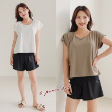 画像8: レデイース水着 インナータンキニ付き 無地袖なしTシャツ インナーパンツ付き ショットパンツ 二点セット水着 UVカットレイヤード風 タンキニ セパレート ノンワイヤー パッド付き (8)