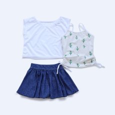 画像8: カチューシャつき インナーつき デニム風スカート 水着Tシャツ キャミソール 体系カバー 子供水着セット　ガールズ 女の子 上下セット キッズ 子供用 UVカット フィットネス水着 (8)