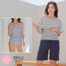 画像9: 体系カバー Tシャツ ショットパンツ タンキニ上下セット 水着4点セット 水着 レディース 体型カバー タンキニ ブラトップ ショーツ 布帛ショートパンツ レディースセット (9)