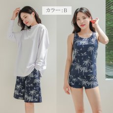 画像12: ロング袖ラッシュガード 膝まで布帛素材ロングショットパンツ タンキニトップス 四角ショーツ 体型カバー水着４点セット  長袖シャツ  ハーフパンツ セット水着 カバーアップ水着 (12)