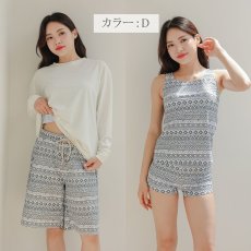 画像14: ロング袖ラッシュガード 膝まで布帛素材ロングショットパンツ タンキニトップス 四角ショーツ 体型カバー水着４点セット  長袖シャツ  ハーフパンツ セット水着 カバーアップ水着 (14)
