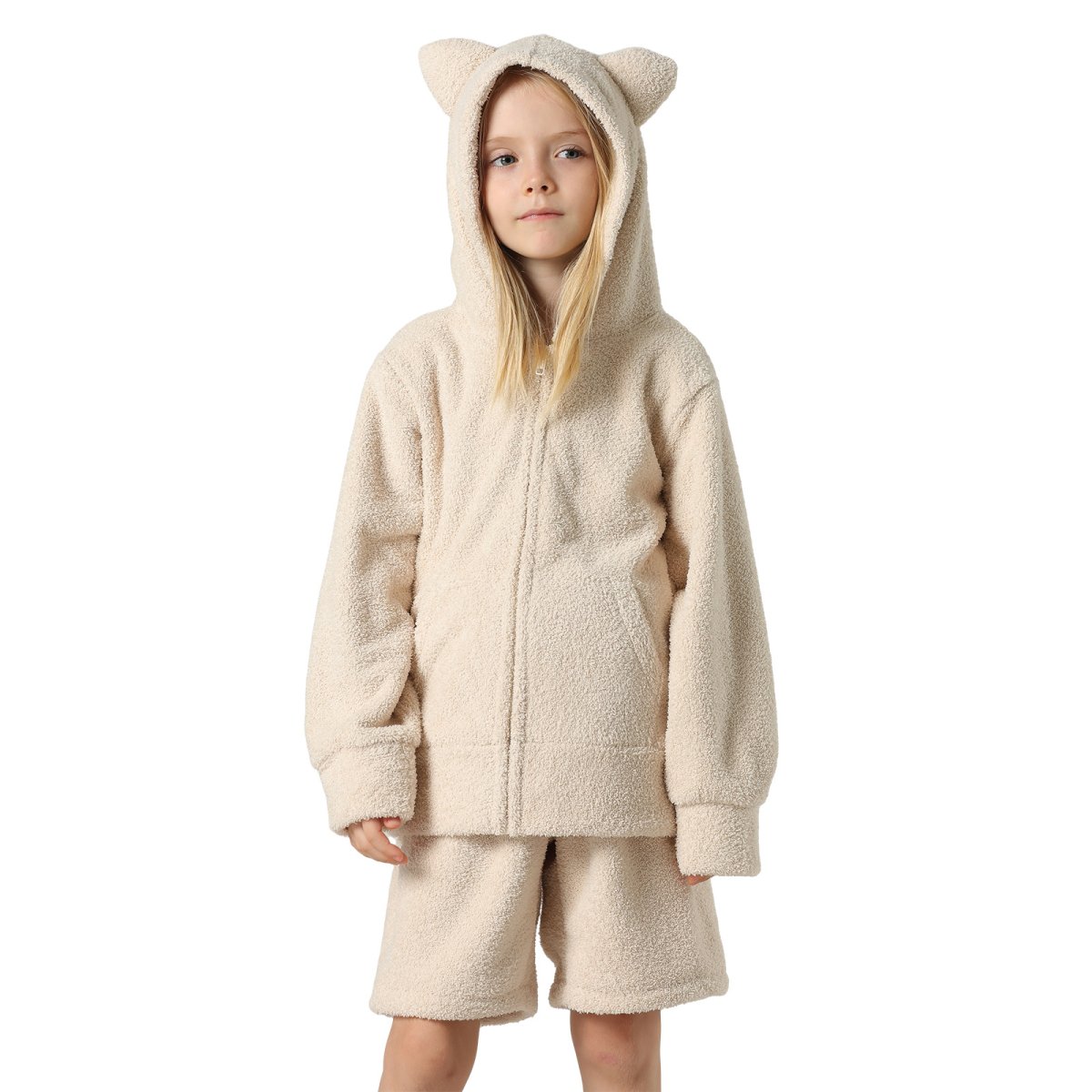 画像6: New mokomoko ZIP 猫耳フードパーカーとショットパンツセット男女兼用KIDS モコモコ ルームウェア Newもこもこ ZIP 猫耳フード パーカーとショットパンツ セット男女兼用 ルームウェア キッズ パジャマ 子供 もこもこ パーカー 長袖 & パンツ 上下セット (6)