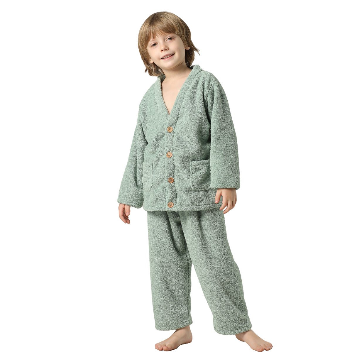 画像5: New mokomomoボタンVネックとロングズボンセット　男女兼用　ジェにア部屋着　モコモコ　ルームウェア　ボタンVネックとロングズボンセット　男の子　女の子　ジェにア部屋着　子供 パジャマ キッズ もこもこ 上下セット 部屋着  (5)