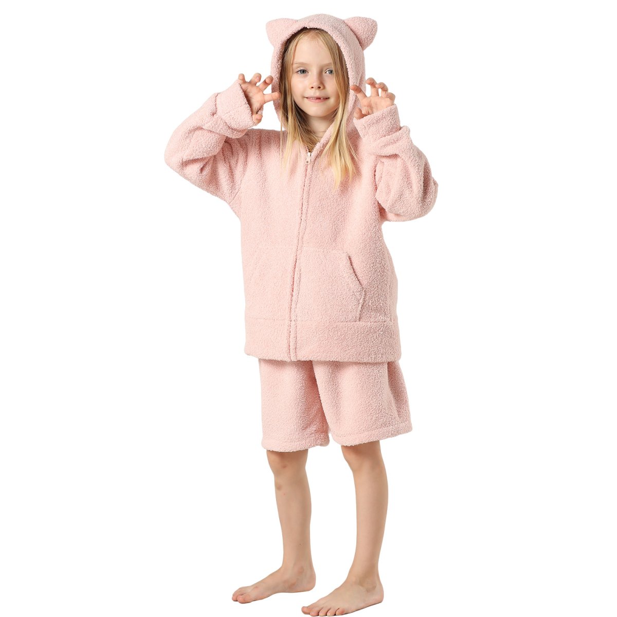 画像5: New mokomoko ZIP 猫耳フードパーカーとショットパンツセット男女兼用KIDS モコモコ ルームウェア Newもこもこ ZIP 猫耳フード パーカーとショットパンツ セット男女兼用 ルームウェア キッズ パジャマ 子供 もこもこ パーカー 長袖 & パンツ 上下セット (5)