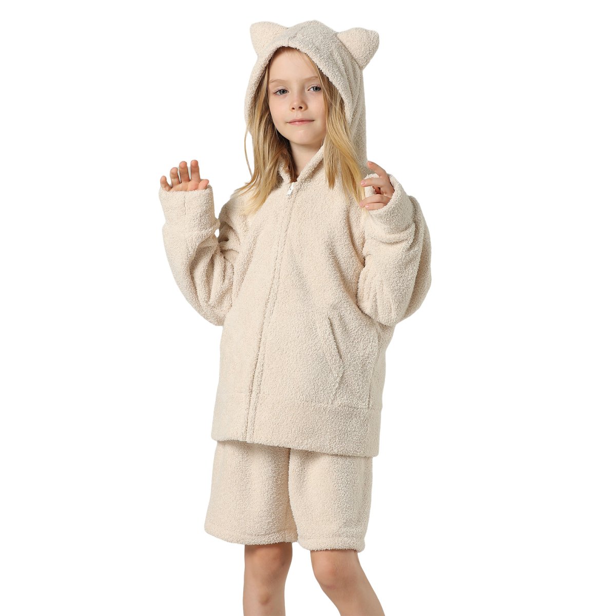 画像12: New mokomoko ZIP 猫耳フードパーカーとショットパンツセット男女兼用KIDS モコモコ ルームウェア Newもこもこ ZIP 猫耳フード パーカーとショットパンツ セット男女兼用 ルームウェア キッズ パジャマ 子供 もこもこ パーカー 長袖 & パンツ 上下セット (12)