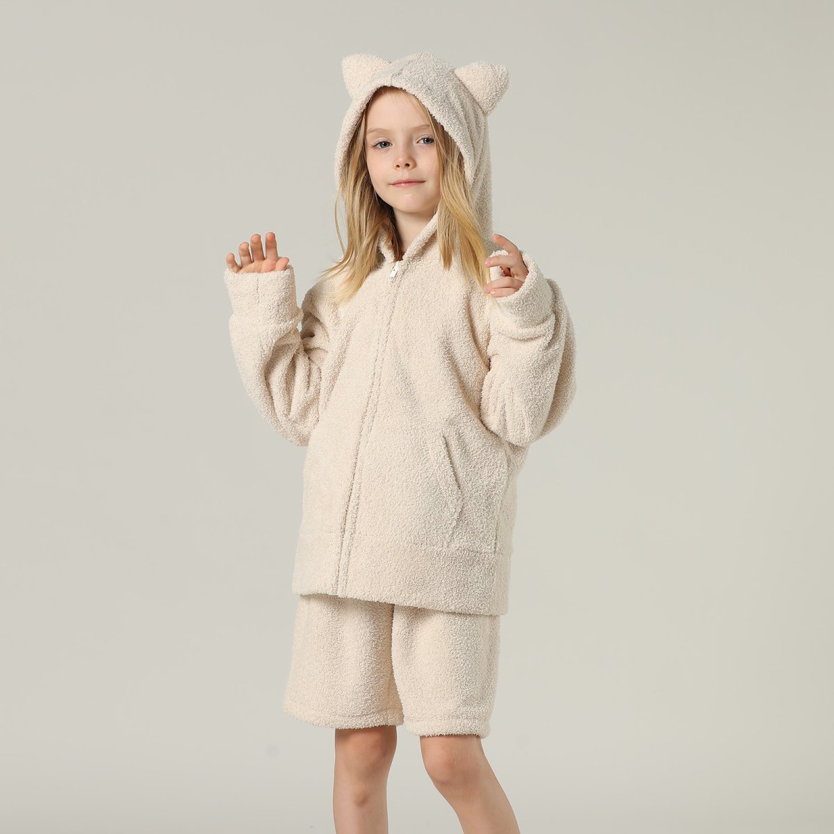 画像14: New mokomoko ZIP 猫耳フードパーカーとショットパンツセット男女兼用KIDS モコモコ ルームウェア Newもこもこ ZIP 猫耳フード パーカーとショットパンツ セット男女兼用 ルームウェア キッズ パジャマ 子供 もこもこ パーカー 長袖 & パンツ 上下セット (14)