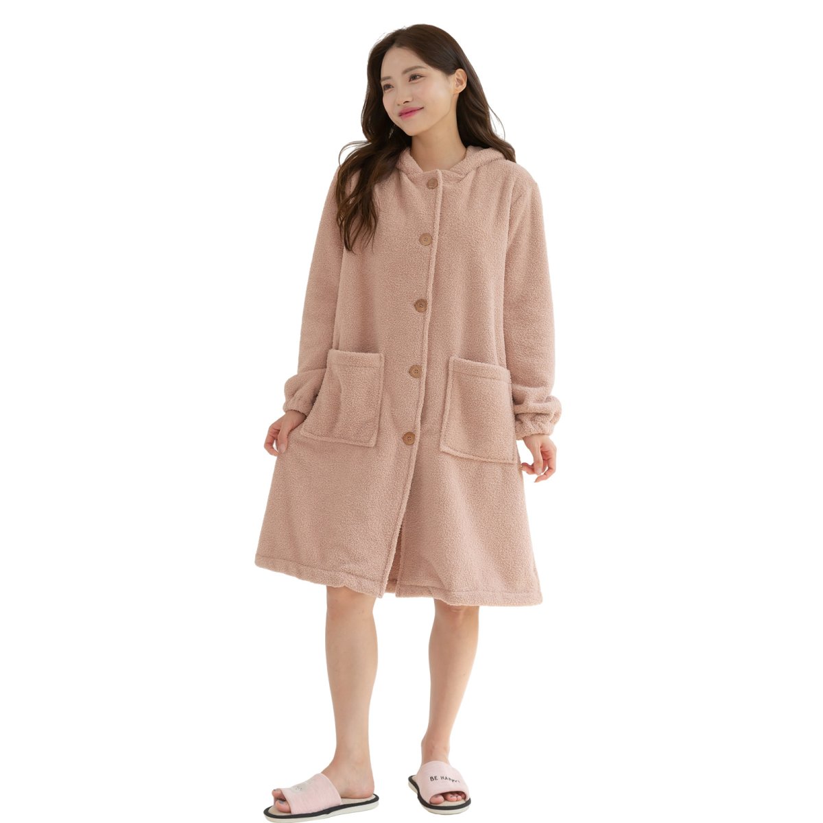 画像7: mokomoko フードつき レディースロング　大きいサイズありパジャマ　もこもこ ロング カーディガン 暖かい ワンピース 長袖 可愛い ガウン 5L 4L 3L　LL　L(F）の５サイズ展開  (7)