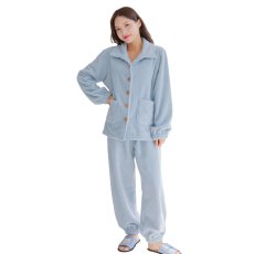 画像11: モコモコレディースボタン式衿付きトップスとロングパンツセット　レディース ルームウェア 上下セット 裏起毛 暖かい 秋 冬 部屋着 前開き セットアップ フランネル 着る毛布 長袖 2wayネック 静電気防止 プレゼント モコモコ (11)