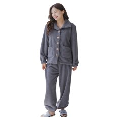 画像9: モコモコレディースボタン式衿付きトップスとロングパンツセット　レディース ルームウェア 上下セット 裏起毛 暖かい 秋 冬 部屋着 前開き セットアップ フランネル 着る毛布 長袖 2wayネック 静電気防止 プレゼント モコモコ (9)