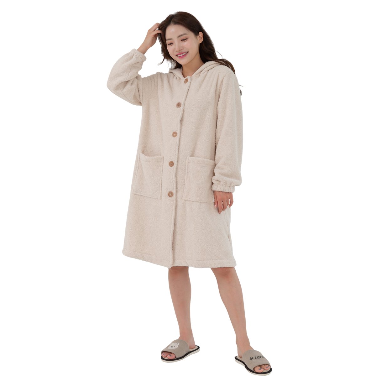 画像4: mokomoko フードつき レディースロング　大きいサイズありパジャマ　もこもこ ロング カーディガン 暖かい ワンピース 長袖 可愛い ガウン 5L 4L 3L　LL　L(F）の５サイズ展開  (4)