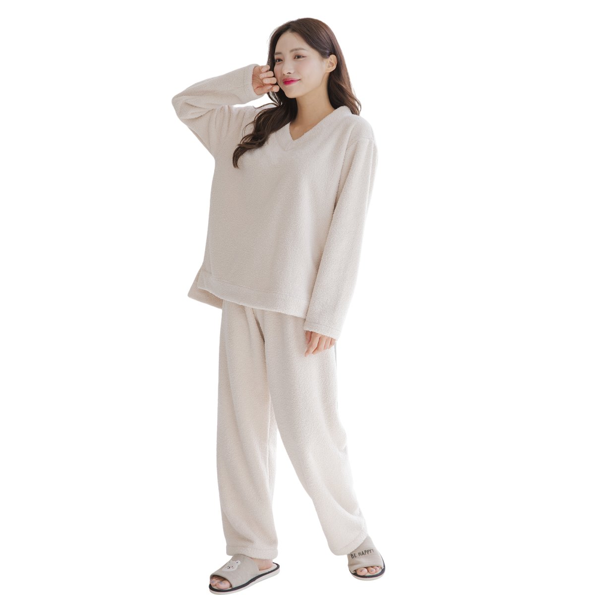画像9: モコモコレディース　Vネックとロングズボンセット パジャマ レディース もこもこ ルームウェア 長袖 上下セット 着る毛布厚手 あったか ゆったり 可愛い オシャレ 部屋着 冬用 (9)