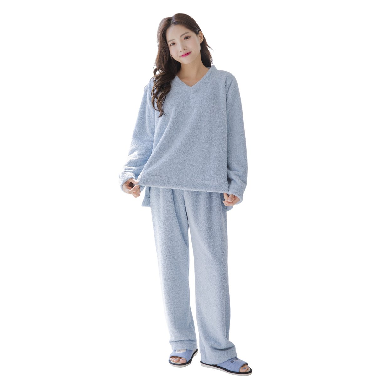 画像14: モコモコレディース　Vネックとロングズボンセット パジャマ レディース もこもこ ルームウェア 長袖 上下セット 着る毛布厚手 あったか ゆったり 可愛い オシャレ 部屋着 冬用 (14)