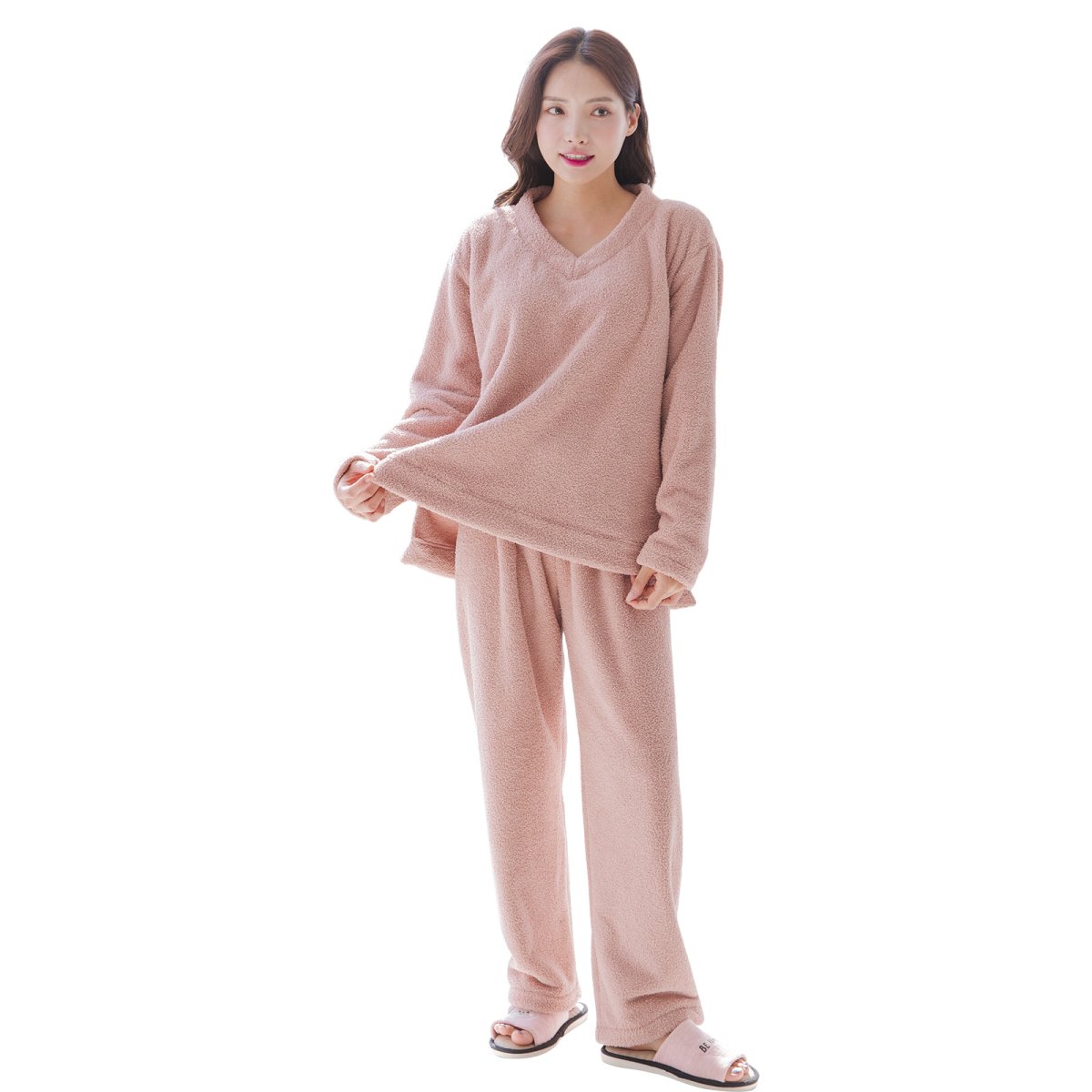 画像10: モコモコレディース　Vネックとロングズボンセット パジャマ レディース もこもこ ルームウェア 長袖 上下セット 着る毛布厚手 あったか ゆったり 可愛い オシャレ 部屋着 冬用 (10)