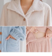 画像17: モコモコレディースボタン式衿付きトップスとロングパンツセット　レディース ルームウェア 上下セット 裏起毛 暖かい 秋 冬 部屋着 前開き セットアップ フランネル 着る毛布 長袖 2wayネック 静電気防止 プレゼント モコモコ (17)