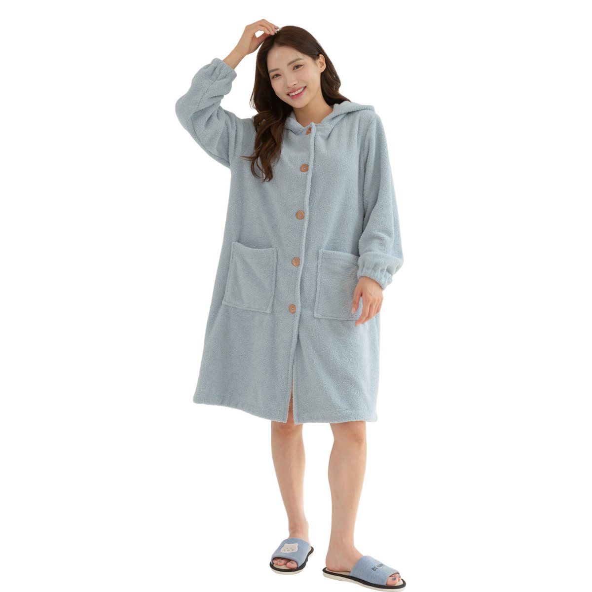 画像10: mokomoko フードつき レディースロング　大きいサイズありパジャマ　もこもこ ロング カーディガン 暖かい ワンピース 長袖 可愛い ガウン 5L 4L 3L　LL　L(F）の５サイズ展開  (10)