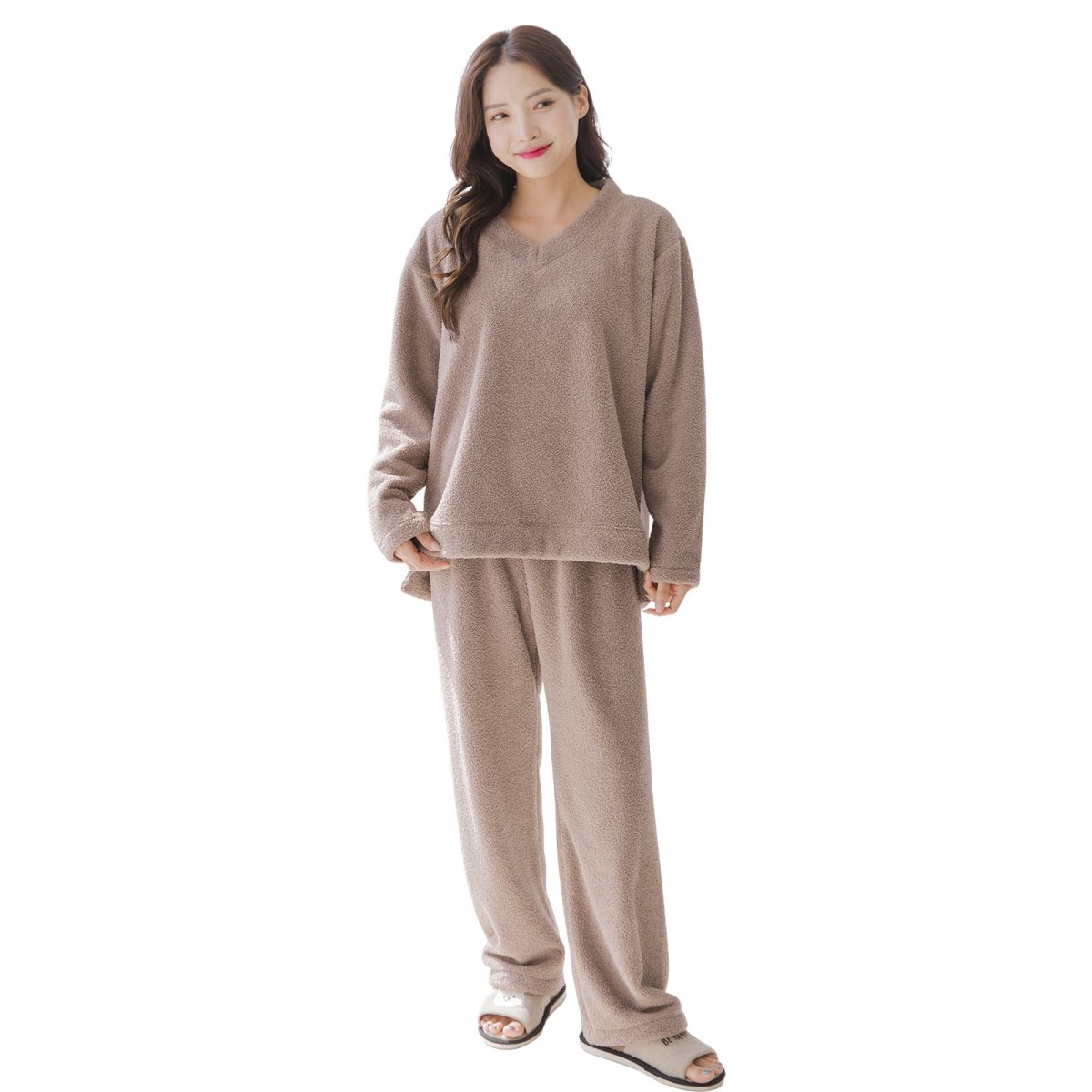 画像11: モコモコレディース　Vネックとロングズボンセット パジャマ レディース もこもこ ルームウェア 長袖 上下セット 着る毛布厚手 あったか ゆったり 可愛い オシャレ 部屋着 冬用 (11)