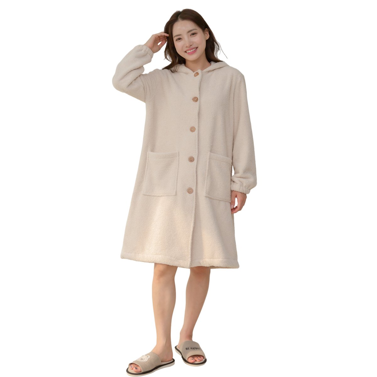 画像5: mokomoko フードつき レディースロング　大きいサイズありパジャマ　もこもこ ロング カーディガン 暖かい ワンピース 長袖 可愛い ガウン 5L 4L 3L　LL　L(F）の５サイズ展開  (5)