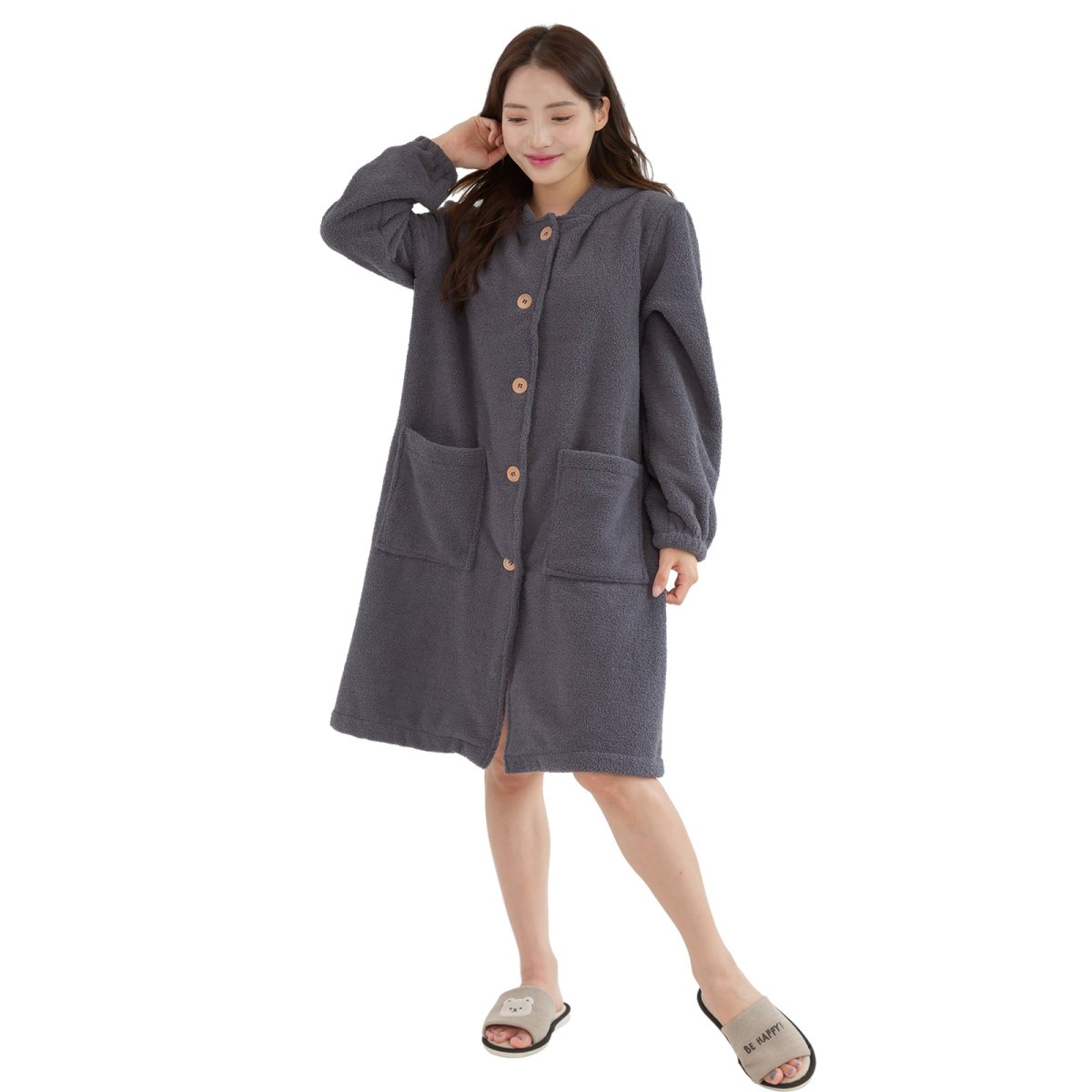 画像8: mokomoko フードつき レディースロング　大きいサイズありパジャマ　もこもこ ロング カーディガン 暖かい ワンピース 長袖 可愛い ガウン 5L 4L 3L　LL　L(F）の５サイズ展開  (8)