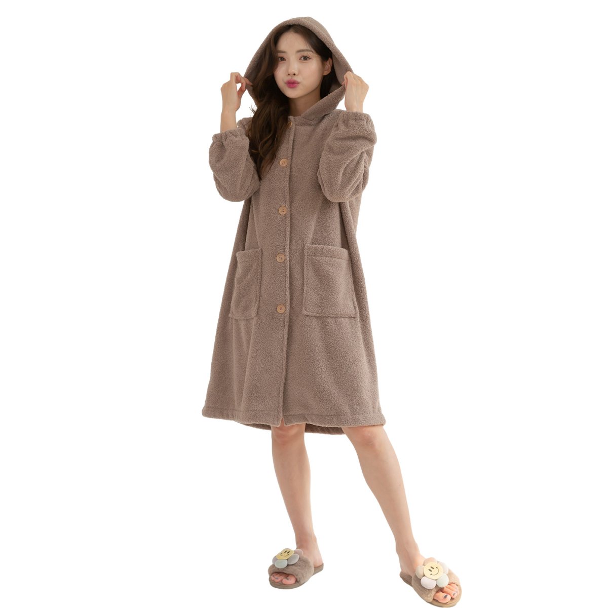 画像9: mokomoko フードつき レディースロング　大きいサイズありパジャマ　もこもこ ロング カーディガン 暖かい ワンピース 長袖 可愛い ガウン 5L 4L 3L　LL　L(F）の５サイズ展開  (9)