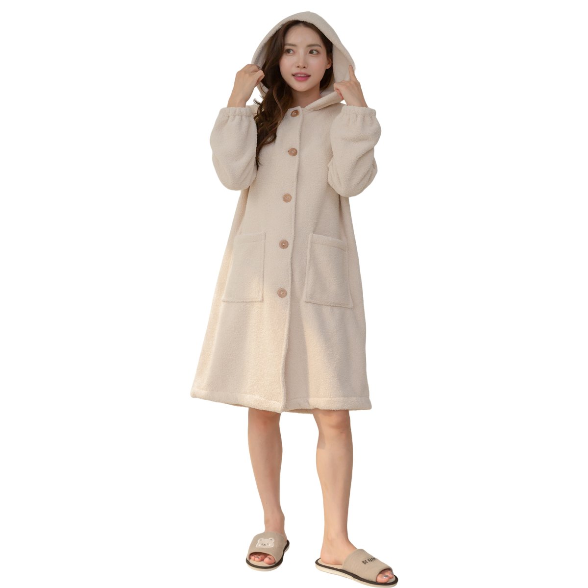 画像6: mokomoko フードつき レディースロング　大きいサイズありパジャマ　もこもこ ロング カーディガン 暖かい ワンピース 長袖 可愛い ガウン 5L 4L 3L　LL　L(F）の５サイズ展開  (6)