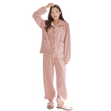 画像8: モコモコレディースボタン式衿付きトップスとロングパンツセット　レディース ルームウェア 上下セット 裏起毛 暖かい 秋 冬 部屋着 前開き セットアップ フランネル 着る毛布 長袖 2wayネック 静電気防止 プレゼント モコモコ (8)
