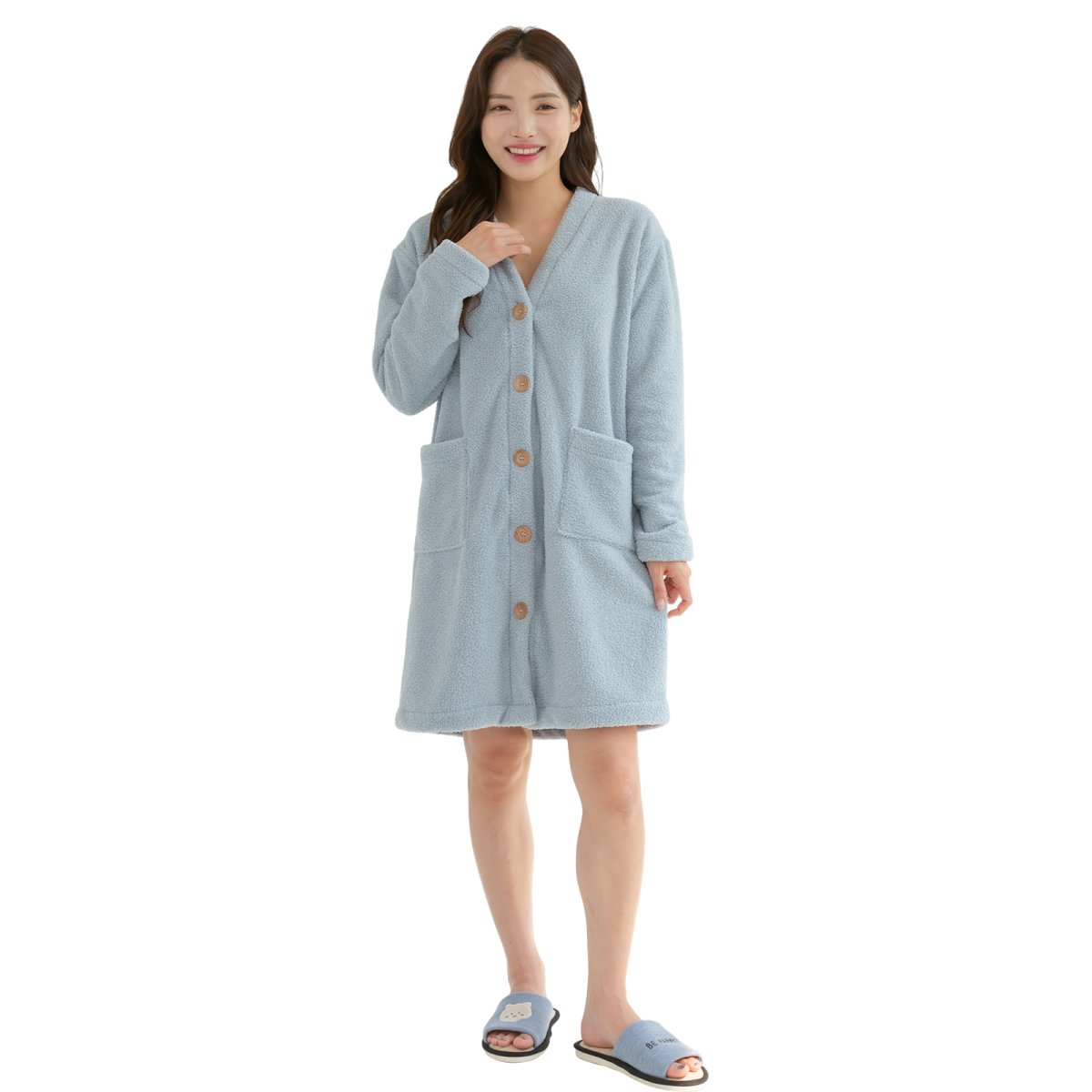 画像11: mokomoko フードつき レディースロング　大きいサイズありパジャマ　もこもこ ロング カーディガン 暖かい ワンピース 長袖 可愛い ガウン 5L 4L 3L　LL　L(F）の５サイズ展開  (11)