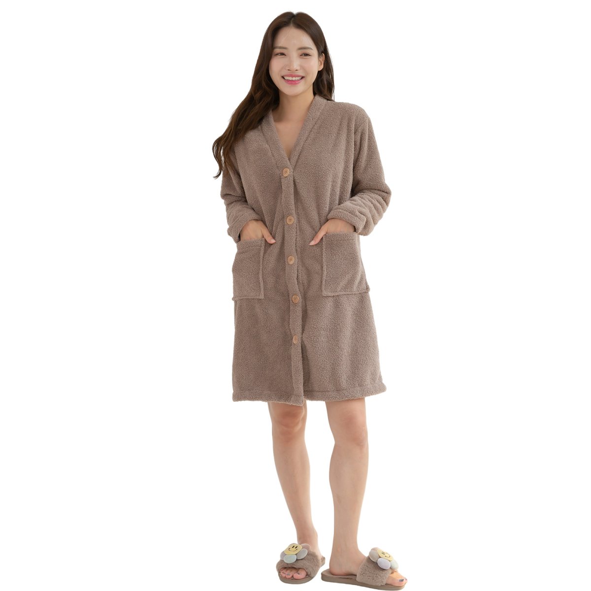 画像6: モコモコレディースVネックロングタイプパジャマ ルームウェア レディース 冬 もこもこ ロング カーディガン 暖かい ワンピース 長袖 可愛い ガウン (6)