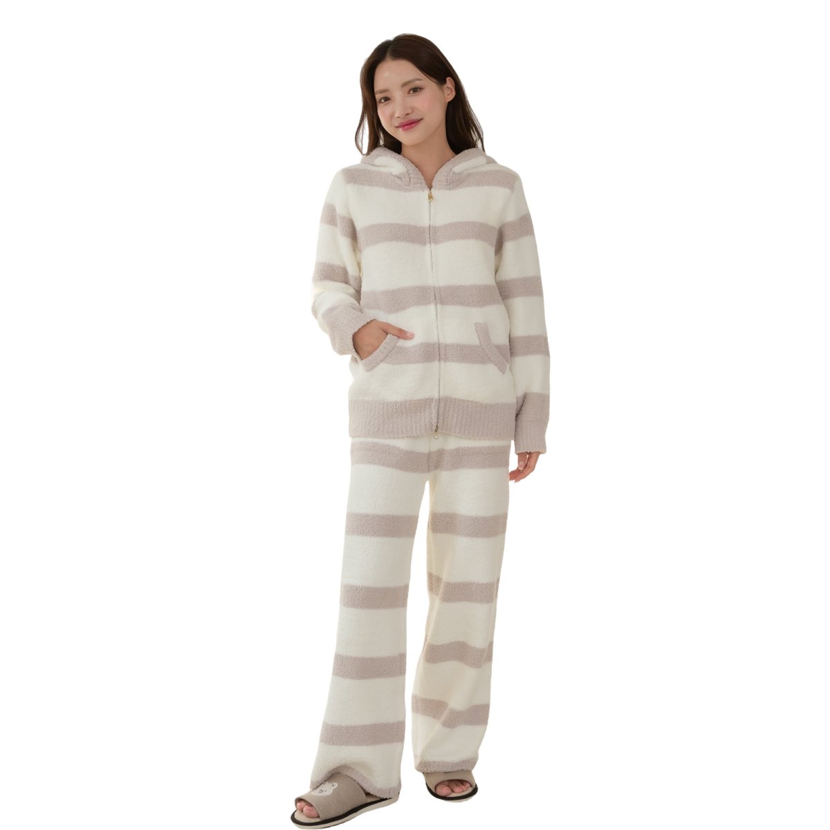 画像3: ZIP モコモコ　フッドつき　レディースロングズボンセットパジャマ　ルームウェア レディース パジャマ もこもこ トレーナー & ロングパンツ 上下 セット (3)