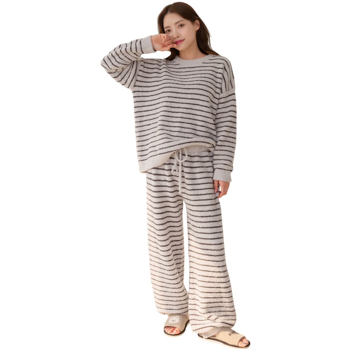 画像4: モコモコレディースボーダーロングズボンセットパジャマ　パジャマ レディース 冬 もこもこ　ニット素材 あったかい 長袖 前開き パーカー 上下セット 長ズボン ルームウェア 部屋着 (4)