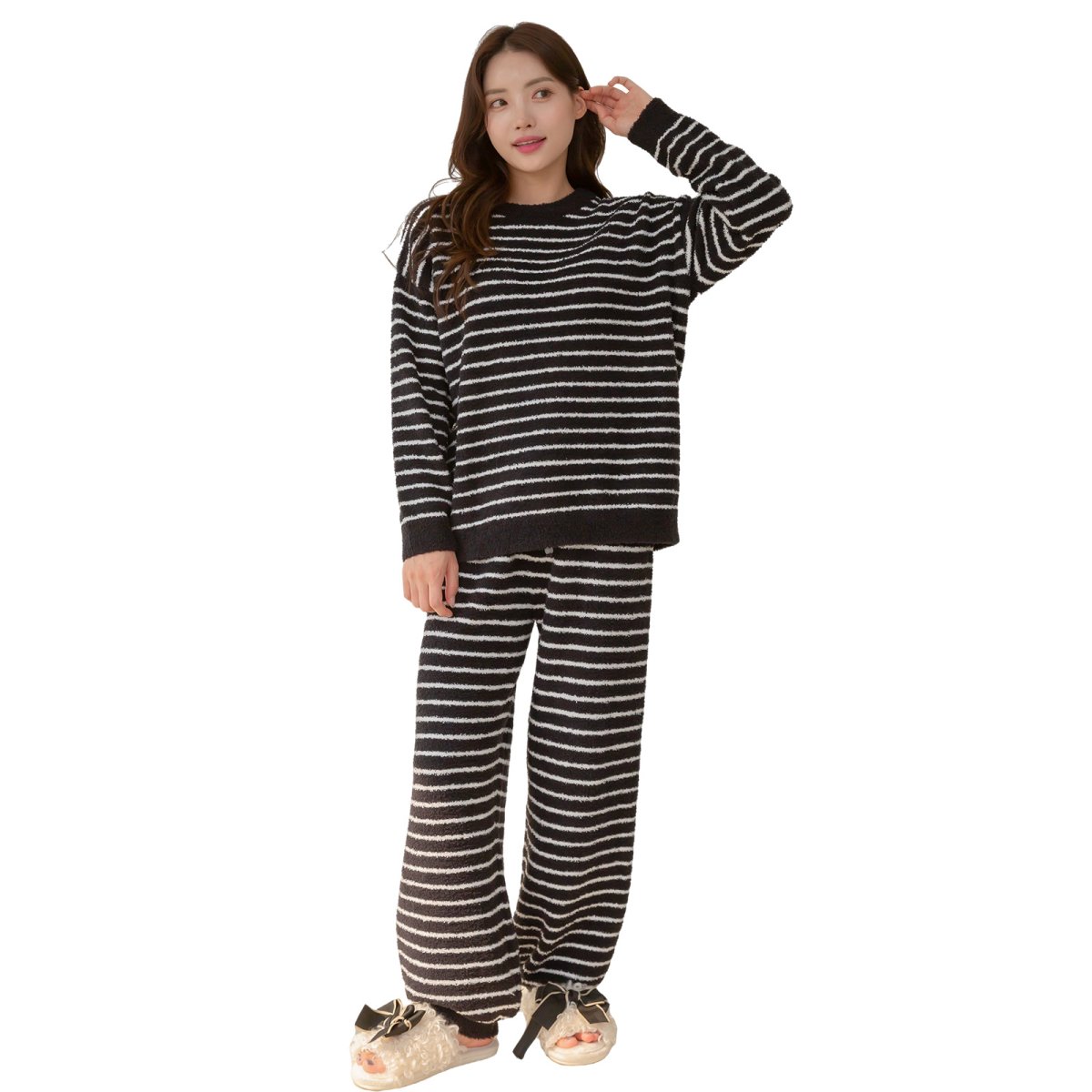画像7: モコモコレディースボーダーロングズボンセットパジャマ　パジャマ レディース 冬 もこもこ　ニット素材 あったかい 長袖 前開き パーカー 上下セット 長ズボン ルームウェア 部屋着 (7)