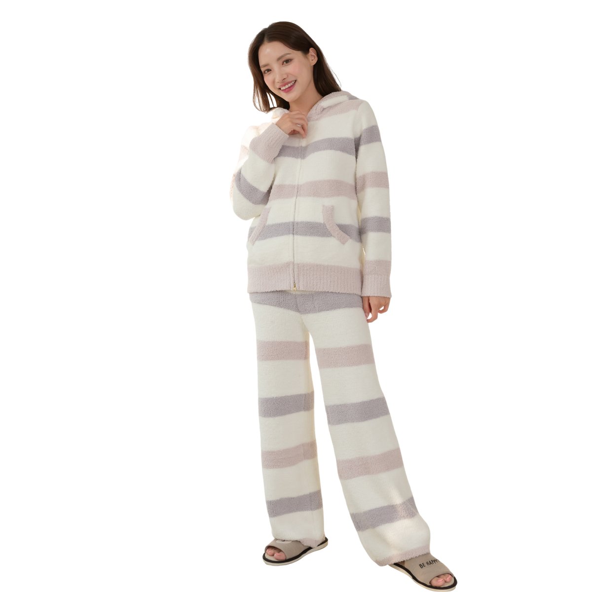 画像2: ZIP モコモコ　フッドつき　レディースロングズボンセットパジャマ　ルームウェア レディース パジャマ もこもこ トレーナー & ロングパンツ 上下 セット (2)