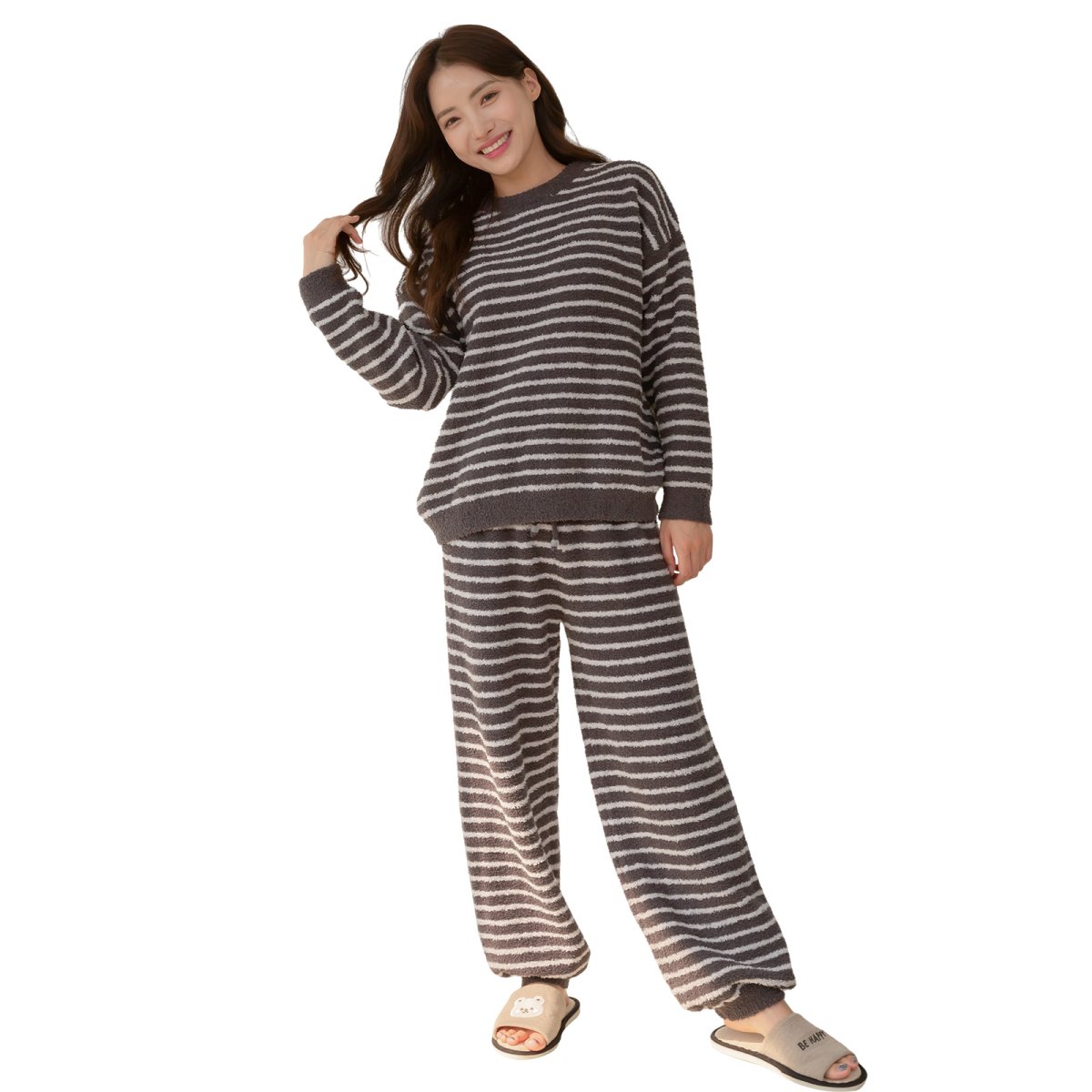 画像6: モコモコレディースボーダーロングズボンセットパジャマ　パジャマ レディース 冬 もこもこ　ニット素材 あったかい 長袖 前開き パーカー 上下セット 長ズボン ルームウェア 部屋着 (6)