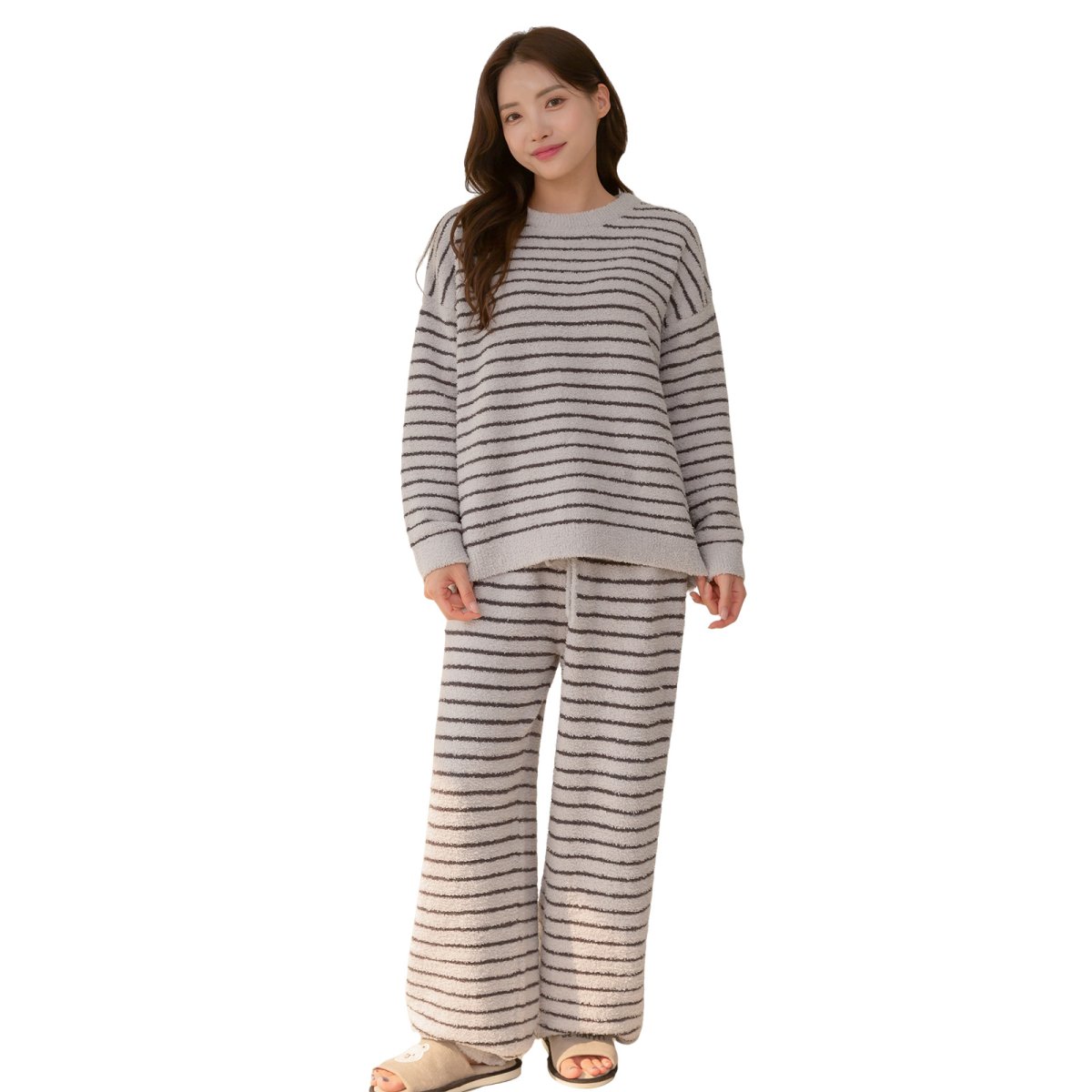 画像3: モコモコレディースボーダーロングズボンセットパジャマ　パジャマ レディース 冬 もこもこ　ニット素材 あったかい 長袖 前開き パーカー 上下セット 長ズボン ルームウェア 部屋着 (3)