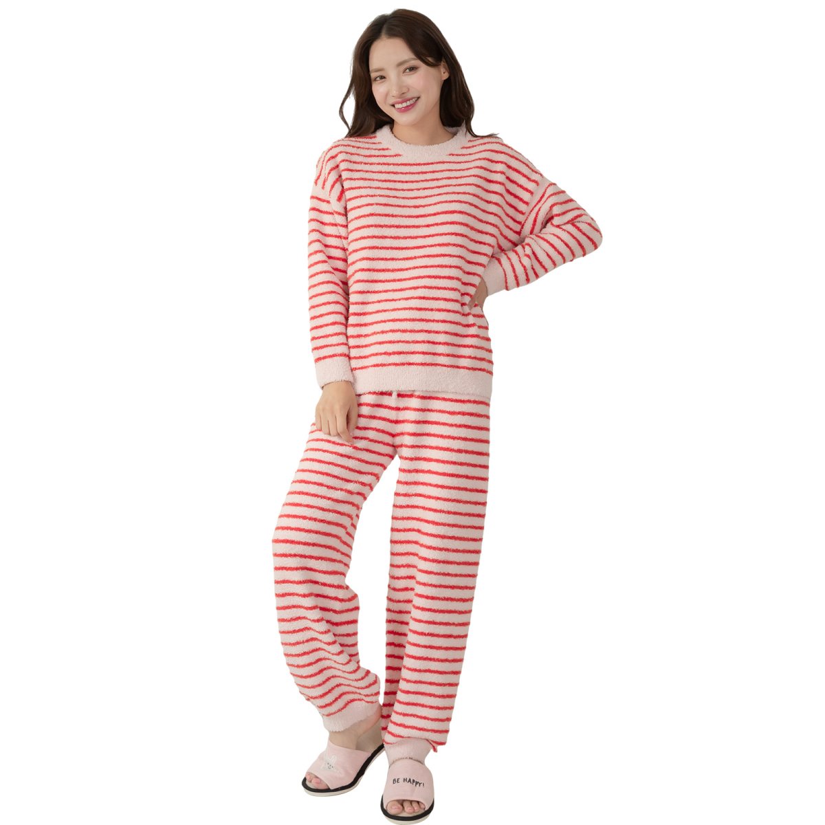 画像5: モコモコレディースボーダーロングズボンセットパジャマ　パジャマ レディース 冬 もこもこ　ニット素材 あったかい 長袖 前開き パーカー 上下セット 長ズボン ルームウェア 部屋着 (5)