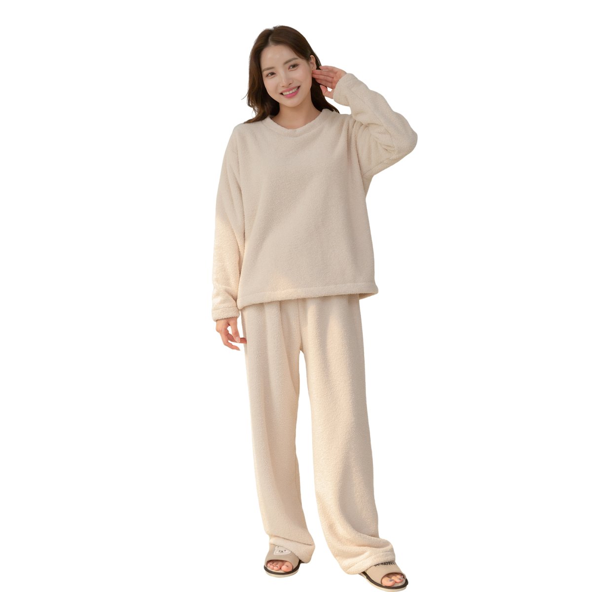 画像4: モコモコ 丸襟レディース ロングズボンセット パジャマ　モコモコルームウェア モコモコ 丸襟レディース ロングズボンセット パジャマ パジャマ レディース もこもこ ルームウェア 長袖 上下セット 着る毛布 裏起毛 厚手 あったか ゆったり 可愛い オシャレ 部屋着  (4)