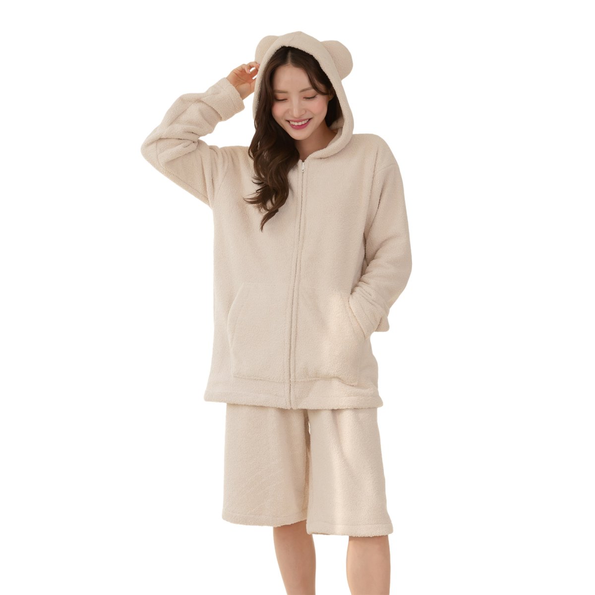 画像2: ZIP 猫耳フードパーカーとショットパンツセットレデイースパジャマ　フードパーカーとショットパンツセット ルームウェア レディース パジャマ もこもこ パーカー & ショートパンツ 上下 2点 セット (2)