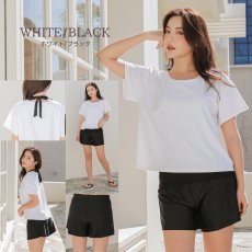 画像32: インナータンキニ付きTシャツ インナーパンツ付きショットパンツ 二点セット体系カバー水着  体系カバー水着水着 レディース 2点セット  UVカットレイヤード風 タンキニ セパレート 半袖ラッシュガード トップス ショートパンツ かわいい ノンワイヤー パッド付き (32)