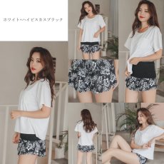 画像14: インナーブラつきTシャツとインナショーツつきショットパンと二点セット体型カバー水着セット 体型カバー水着セット レディース 2点セット UVカットレイヤード風 タンキニ セパレート 半袖ラッシュガード トップス ショートパンツ かわいい ノンワイヤー パッド付き (14)