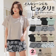 画像1: インナータンキニ付きTシャツ インナーパンツ付きショットパンツ 二点セット体系カバー水着  体系カバー水着水着 レディース 2点セット  UVカットレイヤード風 タンキニ セパレート 半袖ラッシュガード トップス ショートパンツ かわいい ノンワイヤー パッド付き (1)