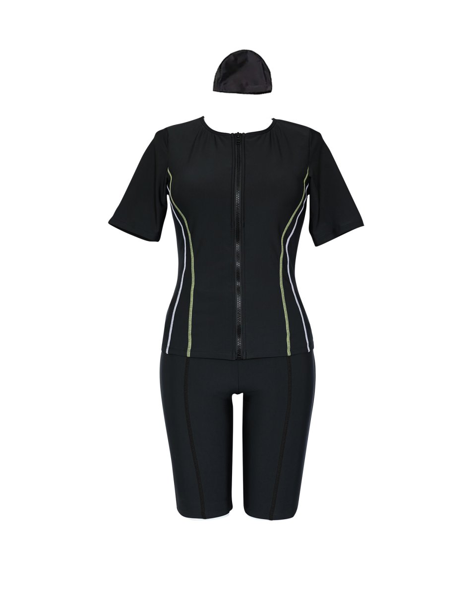 画像11: 競泳練習用水着　めぐれ防止ボタン着き フィットネス 水着セット キャップ付き レディース  セパレート  半袖 上下セット 大きいサイズ　体型カバー　 (11)